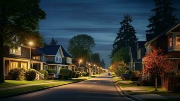 Street lined with houses and trees at night. Generative AI photo
