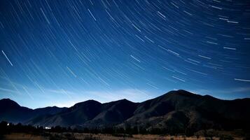 Time lapse photograph night sky mountain range. Generative AI photo