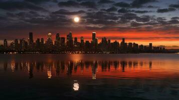 hora lapso salida de la luna ciudad horizonte. generativo ai foto