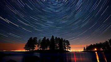 Mesmerizing star trail above a serene lake. Generative AI photo