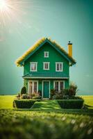 Copiar espacio de hogar y vida concepto. pequeño modelo hogar en verde césped con luz de sol resumen fondo.. ai generado foto