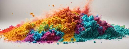 colorful rainbow holi paint color powder explosion isolated white wide panorama background. AI generated photo