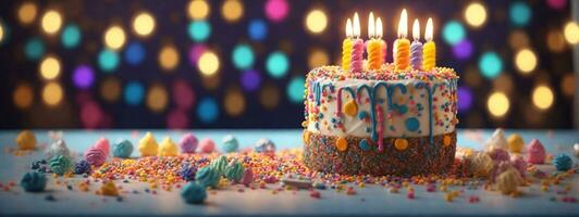 Birthday cake decorated with colorful sprinkles and  candles. AI generated photo