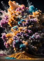 Abstract powder splatted background. Colorful powder explosion on white background. Colored cloud. Colorful dust explode. Paint Holi. AI generated photo