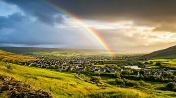 Rainbow over a countryside village. Generative AI photo