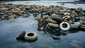 Polluted river with discarded tires. Generative AI photo