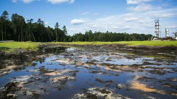 Polluted wetland with oil contamination. Generative AI photo