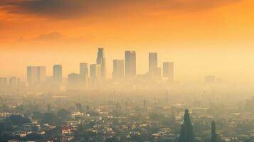 Polluted urban skyline with hazy smog layer. Generative AI photo