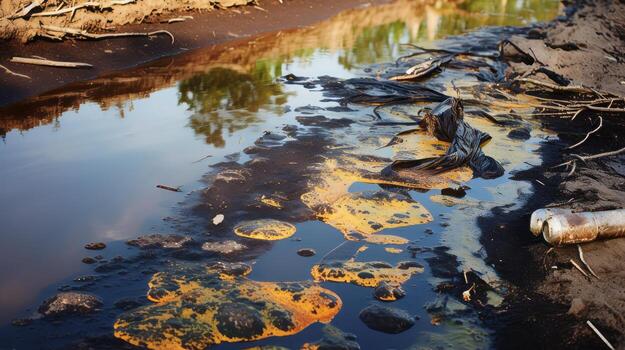 Polluted river with oil slicks on the water's surface. Generative AI photo