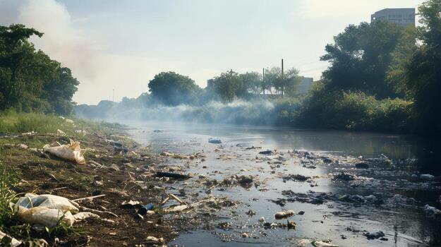 Polluted lake covered in algae blooms. Generative AI photo