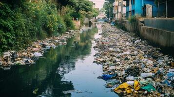 Polluted urban canal with trash and pollutants. Generative AI photo