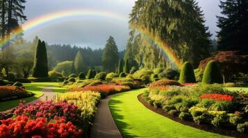 Rainbow over a botanical garden. Generative AI photo