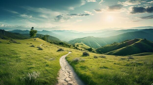 Open field of opportunities path. Generative AI photo