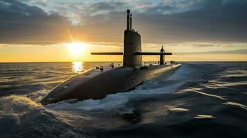 Nuclear submarine surfacing in the ocean. Generative AI photo