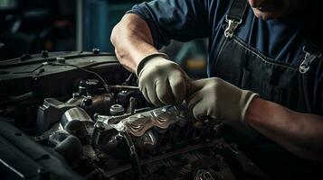Mechanic fixing car engine. Generative AI photo