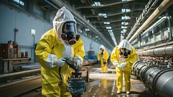 Nuclear engineer conducting safety drills with staff. Generative AI photo