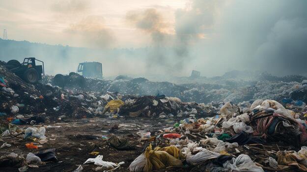 Landfill site overflowing with garbage. Generative AI photo