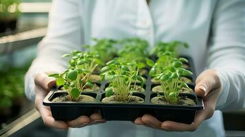 Geneticist holding tray of mutated plant samples. Generative AI photo