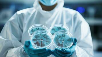Geneticist holding petri dish with mutations. Generative AI photo