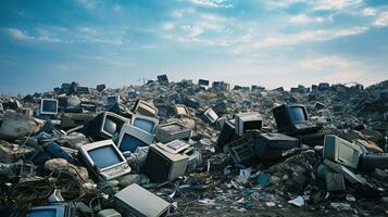 Landfill site with piles of discarded electronic waste. Generative AI photo