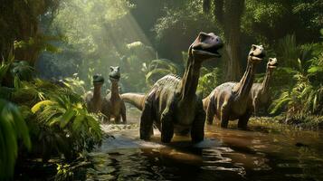 Iguanodon dinosaurs in swampy environment. Generative AI photo