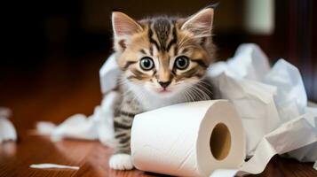 Kitty Unraveling Toilet Paper Mischief. Generative AI photo