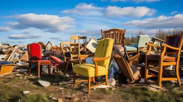 Landfill site with piles of discarded furniture. Generative AI photo