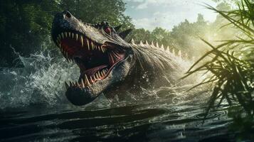 Spinosaurus hunting fish in swamp scene. Generative AI photo