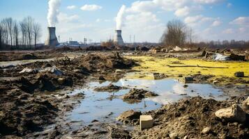 Dirty field with a lot of mud and smoke stacks in the background. Generative AI photo