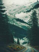 Misty landscape with fir forest in hipster vintage retro style. AI generated photo