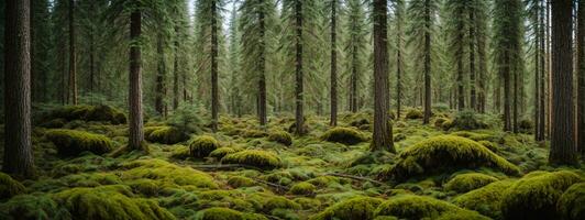 Healthy green trees in a forest of old spruce, fir and pine. AI generated photo