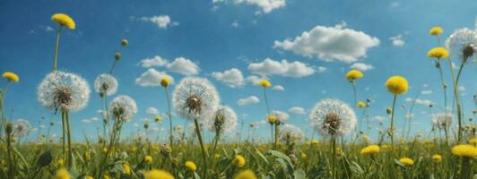 campo con diente de león y azul cielo. ai generado foto