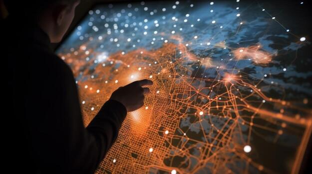 Person looking at a large screen with lights on it. Generative AI photo