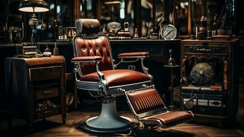 Barber's chair and vintage tools. Generative AI photo