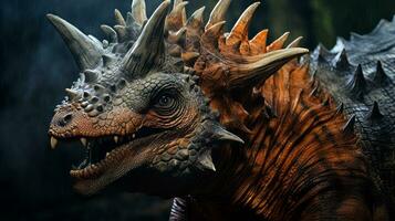 Close up of Triceratops's frill and horns. Generative AI photo