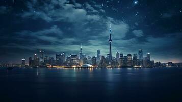 City skyline at night with the moon in the sky. Generative AI photo