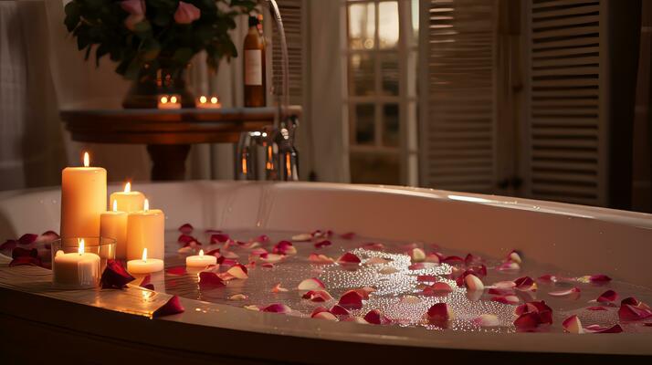 Take a bath with rose petals and candles. Romantic evening in th Stock  Photo by ©april_89 151056102