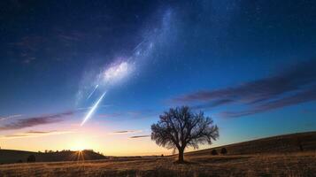 Tree in a field with a shooting star in the sky. Generative AI photo