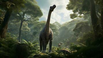 Brachiosaurus in prehistoric forest. Generative AI photo