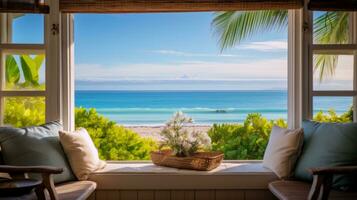 Window with a view of the ocean. Generative AI photo