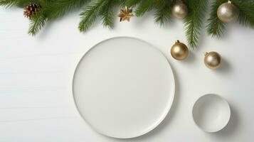 Top view of a minimalist Christmas decoration setup. Generative AI photo