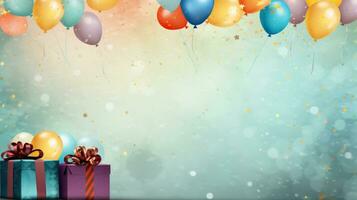 cumpleaños tarjeta con globos y presenta generativo ai foto