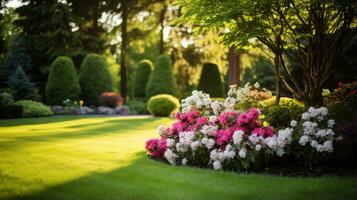 Vibrant garden in full bloom next to a lush green field. Generative AI photo