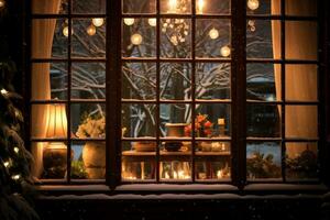 A snow kissed window, glimpses of holiday. Generative AI photo
