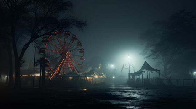 Carnival at night with a ferris wheel in the fog. Generative AI photo