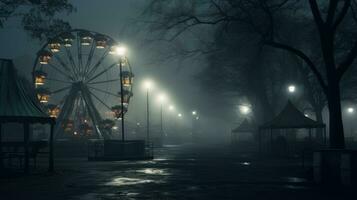 Foggy night ferris wheel in a park. Generative AI photo