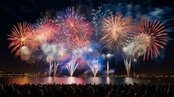 Large group of people watching fireworks on the water. Generative AI photo