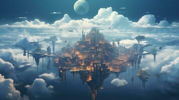 Floating City Surreal Painting. Generative AI photo