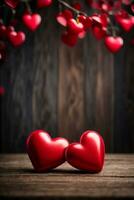 Valentines day background with red hearts on wooden background. AI generated photo