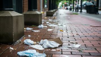 Littered sidewalks with paper and cardboard. Generative AI photo